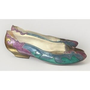 Margaret Jerrold J Vintage 80s Multicolor Geometric Leather Peep Toe Pumps 6.5 M